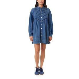 Habitual Denim Mini Dress Womens Medium Blue Smocked Button Long Sleeve Cotton